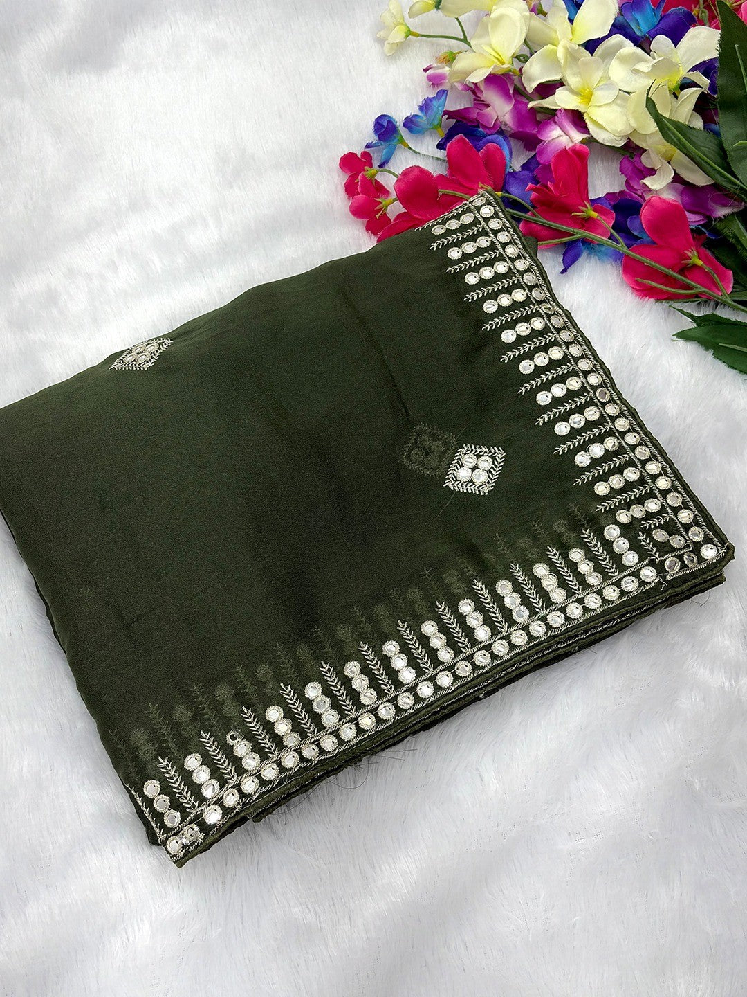Charming Mehendi Green Georgette Saree With Delicate Sequins Embroidery & A Beautiful Border - Image 2