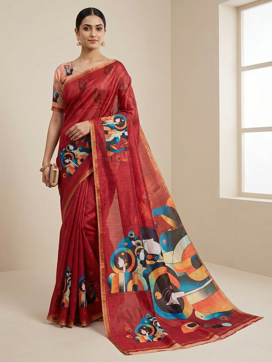 Red Tussar Silk Saree with Contemporary Abstract Digital Art Pattern - Image 1