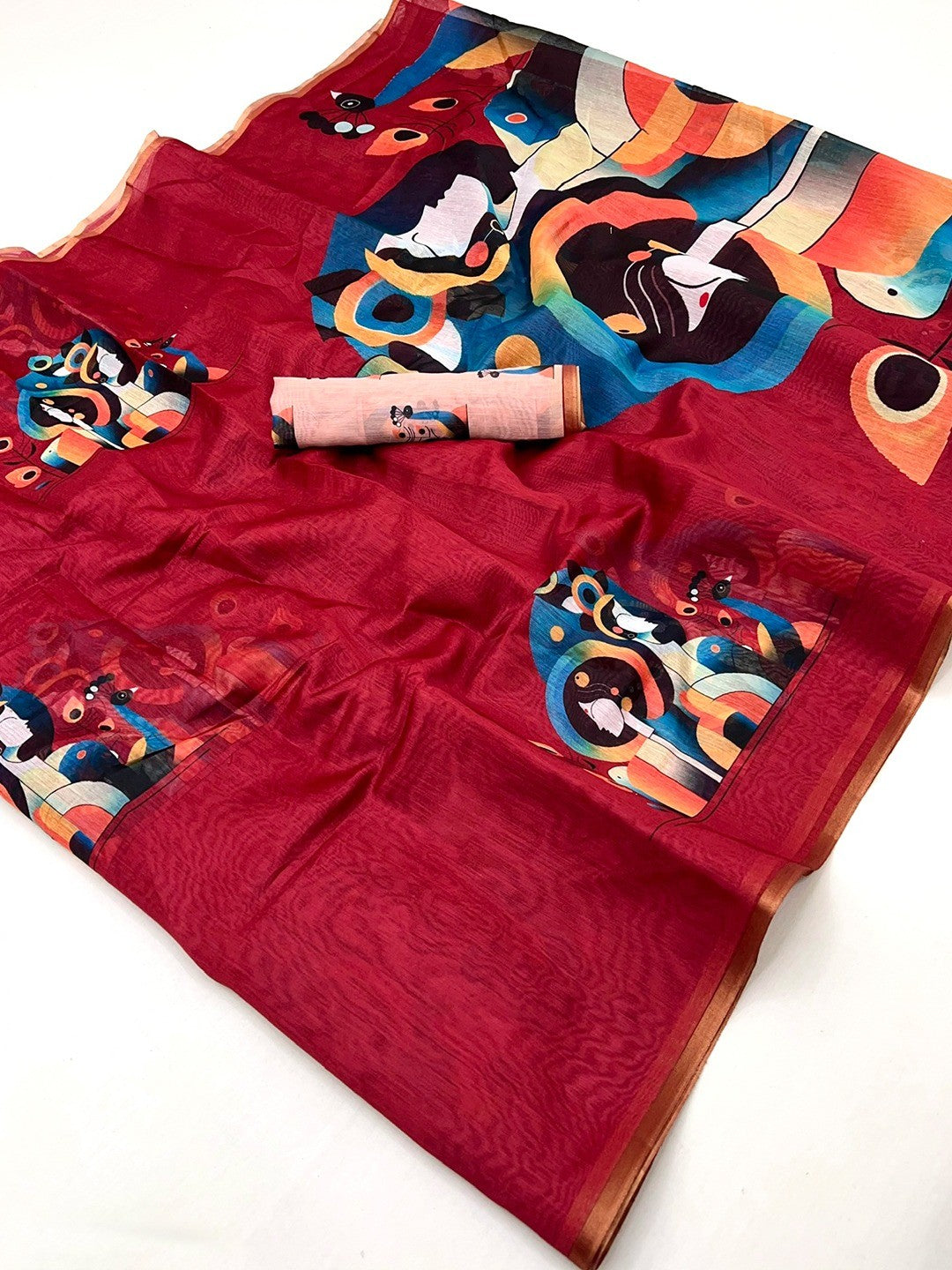 Red Tussar Silk Saree with Contemporary Abstract Digital Art Pattern - Image 2