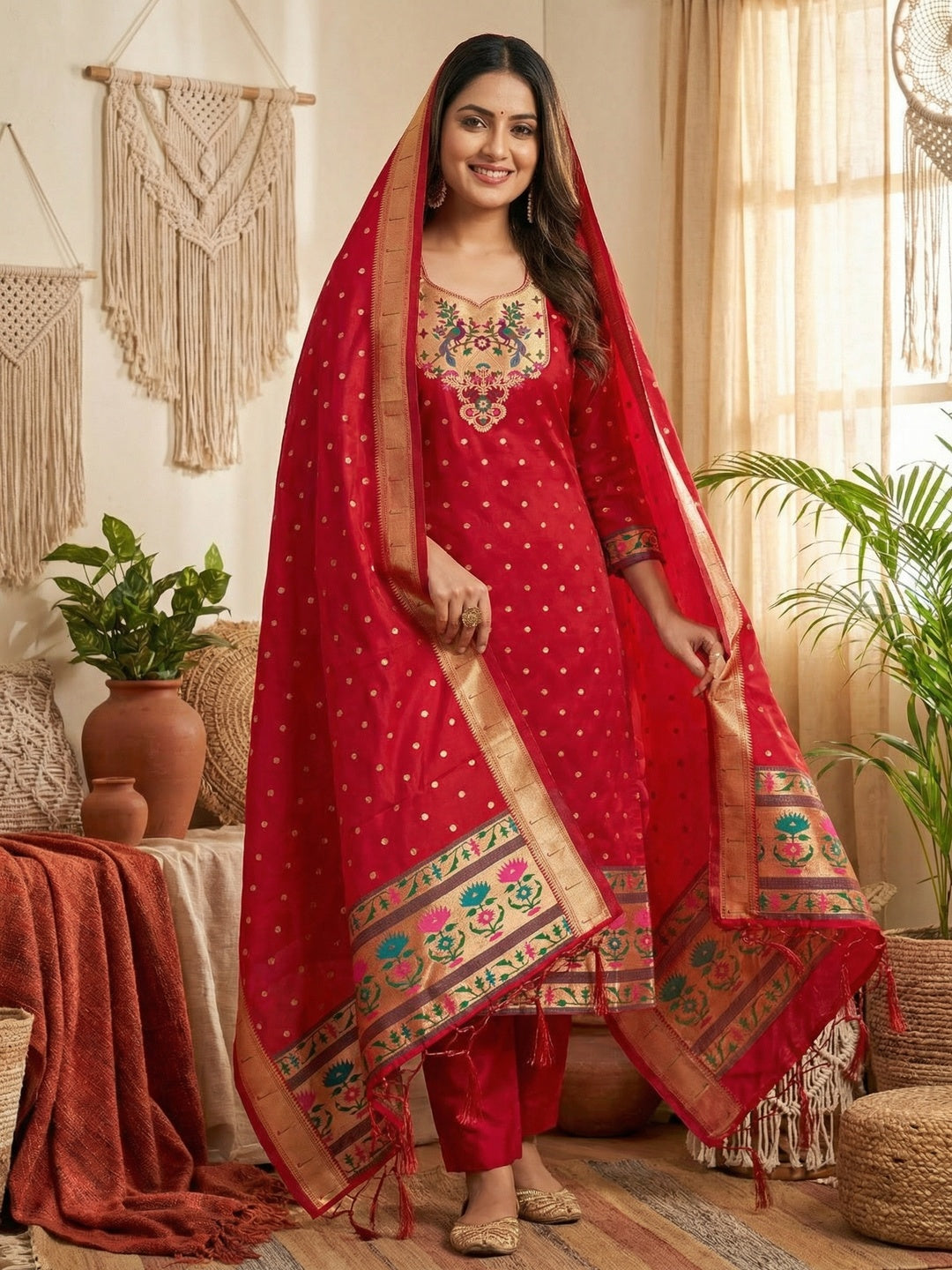 Luxury Red Floral & Peacock Design Zari Weaving Banarasi Silk Dress Material - Image 2