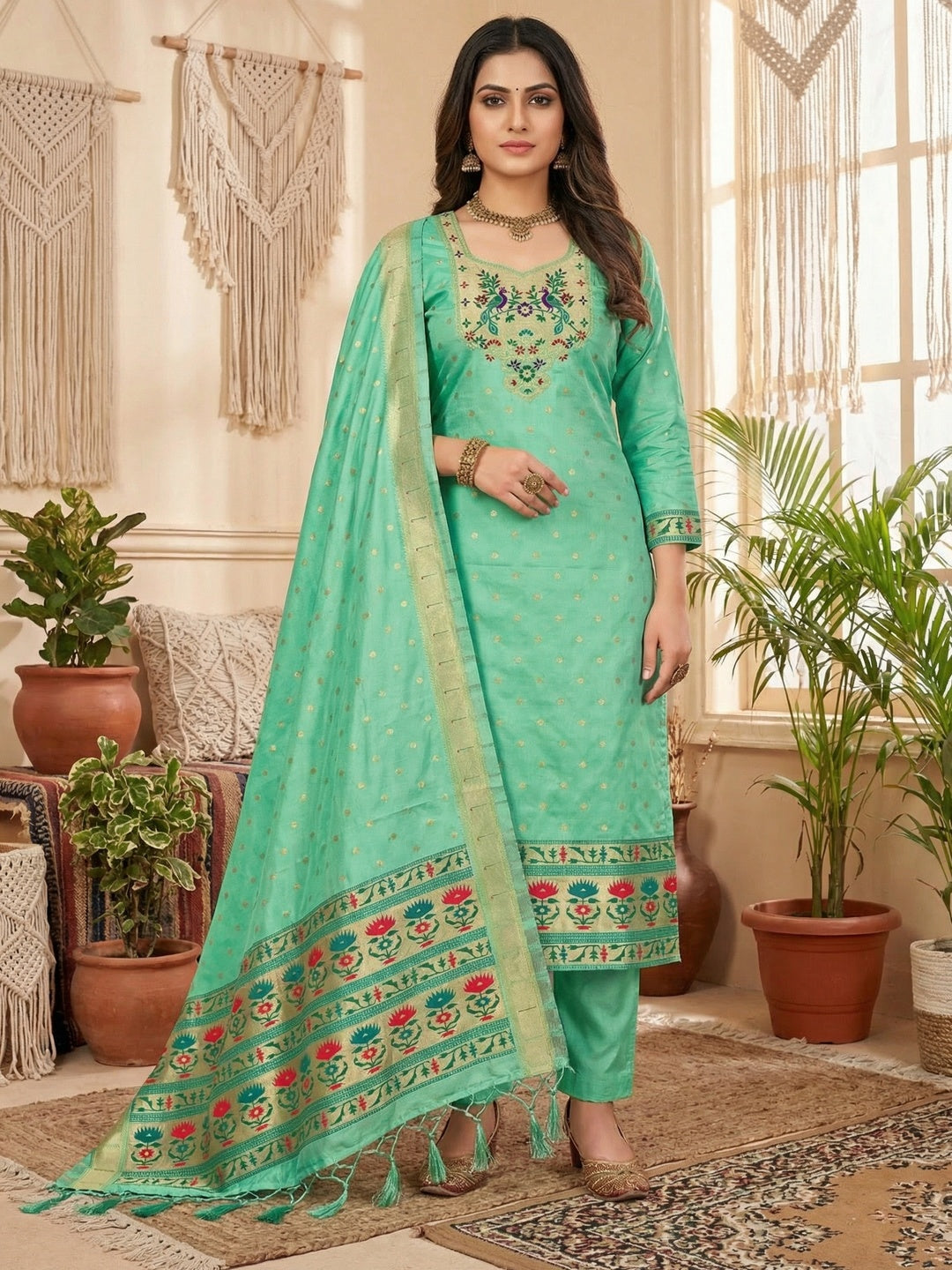 Luxury Sea Green Floral & Peacock Design Zari Weaving Banarasi Silk Dress Material - Image 1