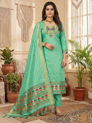 Luxury Sea Green Floral & Peacock Design Zari Weaving Banarasi Silk Dress Material - Image 2