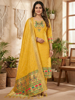 Luxury Yellow Floral & Peacock Design Zari Weaving Banarasi Silk Dress Material - Image 1