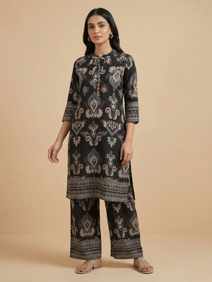 Black Viscose Two Piece Top Bottom Set with Delicate Floral Print Design - Image 1