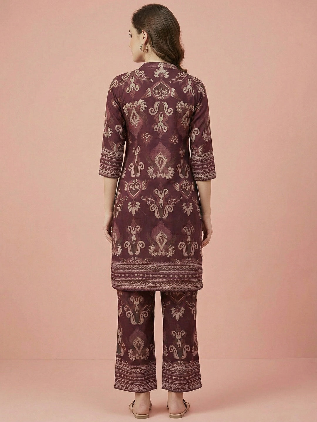 Wine Viscose Two Piece Top Bottom Set with Delicate Floral Print Design - Image 3