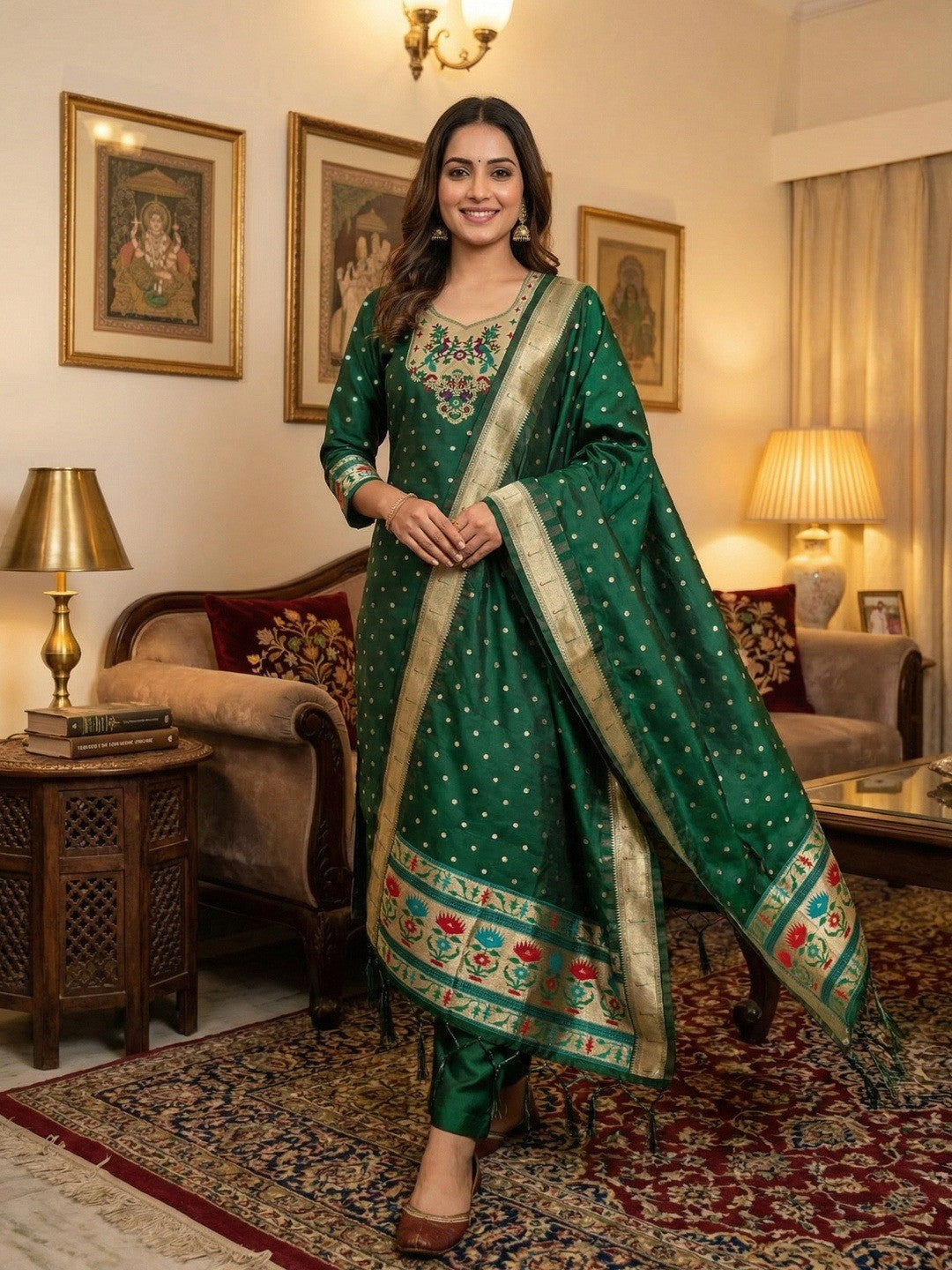 Luxury Bottle Green Floral & Peacock Design Zari Weaving Banarasi Silk Dress Material - Image 2