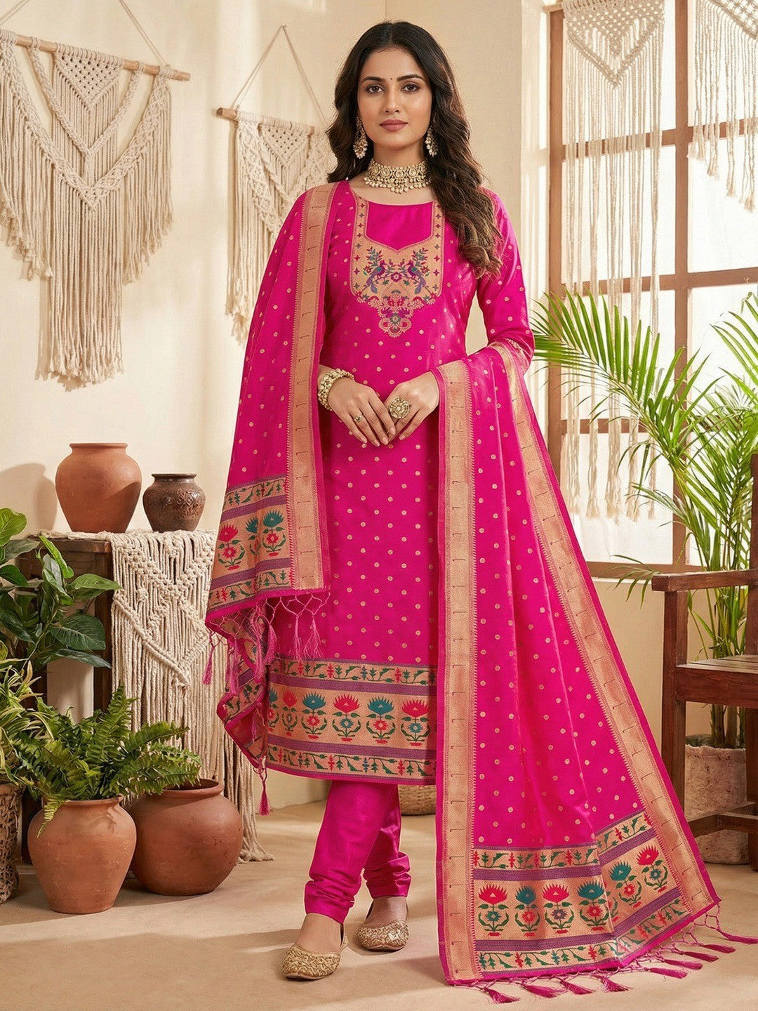 Luxury Rani Pink Floral & Peacock Design Zari Weaving Banarasi Silk Dress Material - Image 2