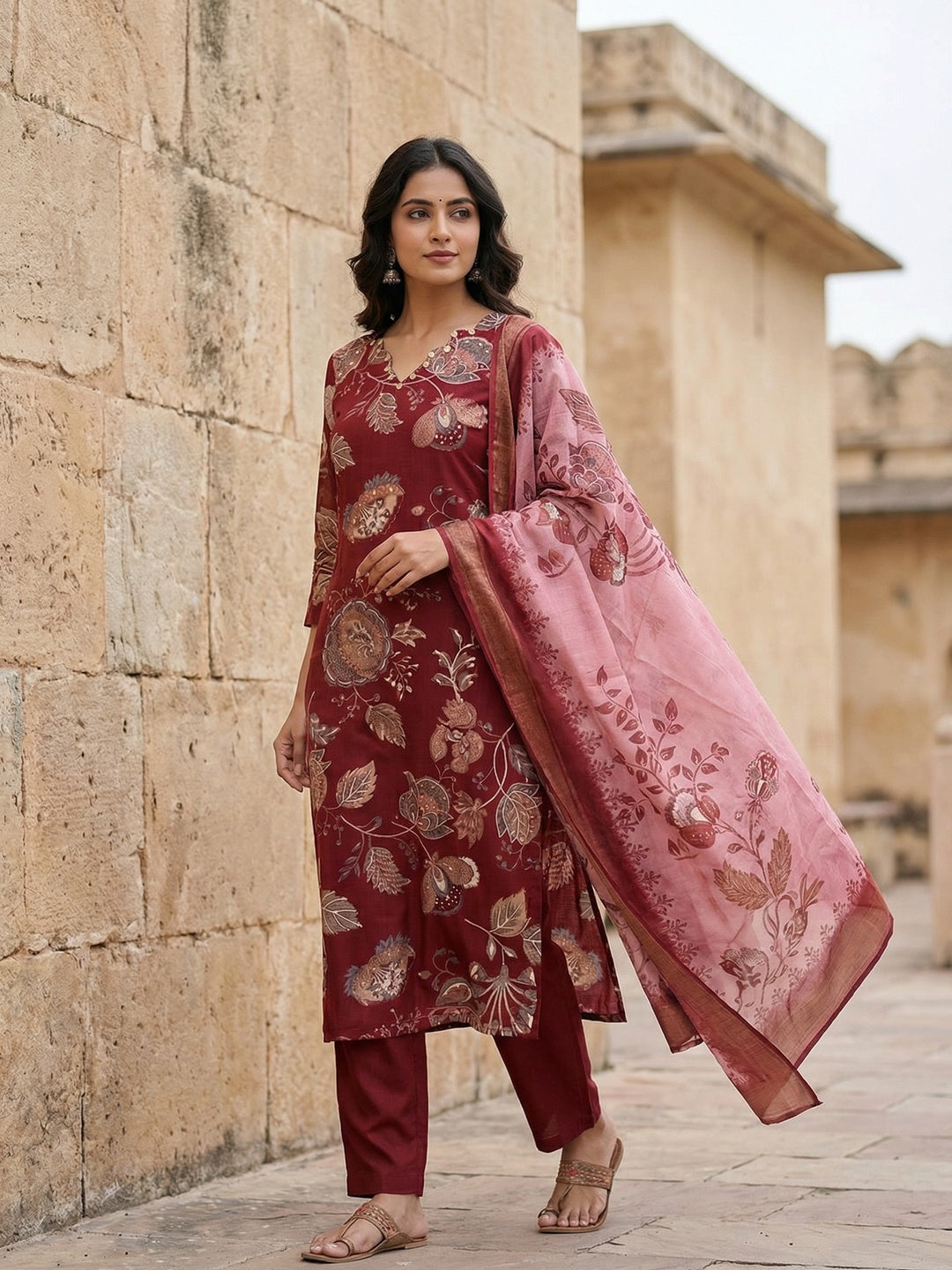 Maroon Viscose Ethnic Salwar Suit with Detailed Floral Print Dupatta Set - Image 1
