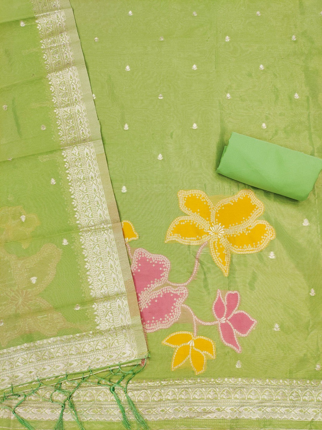 Classic Green Floral Weaving Work Tissue Shimmer Jacquard Dress Material For Timeless Styling - Image 5