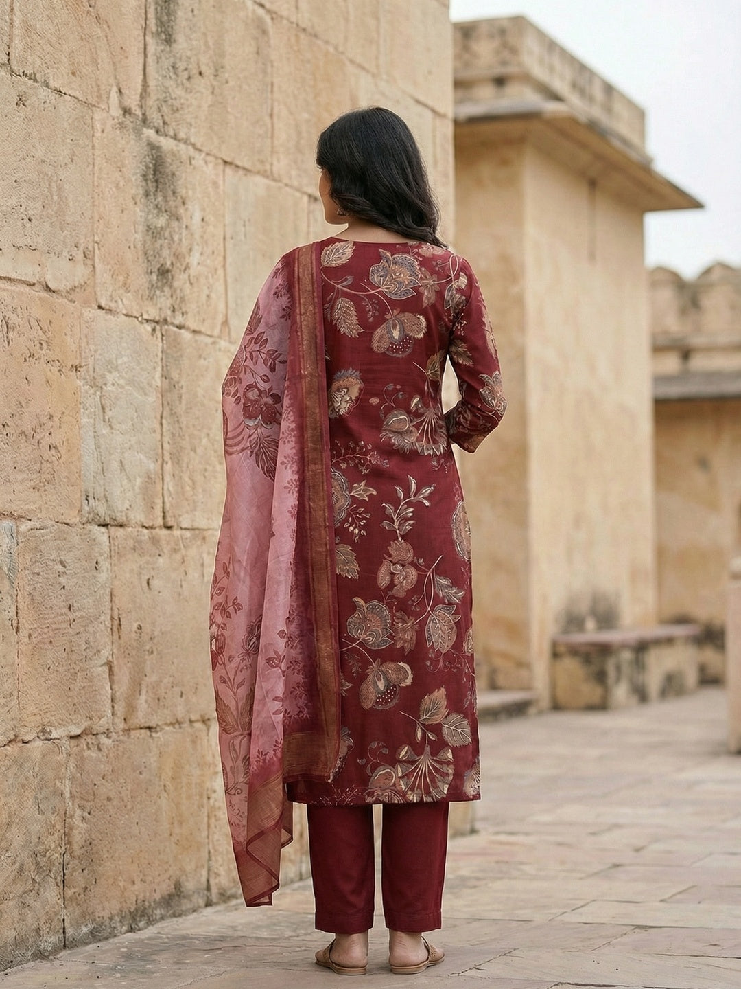Maroon Viscose Ethnic Salwar Suit with Detailed Floral Print Dupatta Set - Image 3