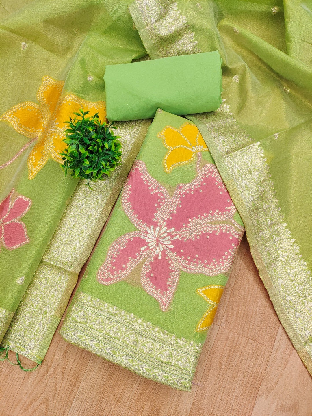 Classic Green Floral Weaving Work Tissue Shimmer Jacquard Dress Material For Timeless Styling - Image 3