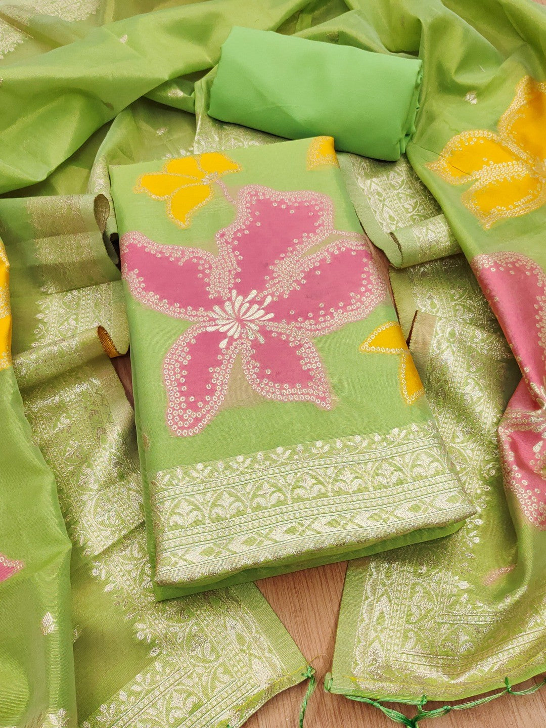 Classic Green Floral Weaving Work Tissue Shimmer Jacquard Dress Material For Timeless Styling - Image 1