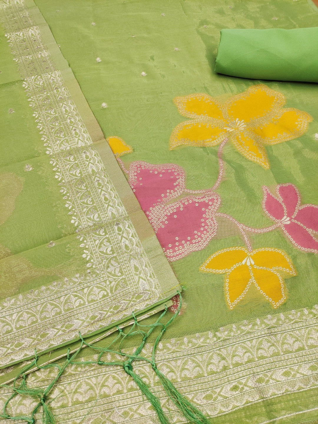 Classic Green Floral Weaving Work Tissue Shimmer Jacquard Dress Material For Timeless Styling - Image 4