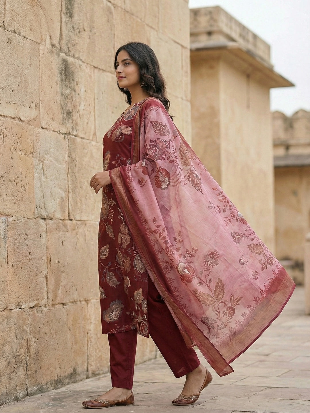 Maroon Viscose Ethnic Salwar Suit with Detailed Floral Print Dupatta Set - Image 3