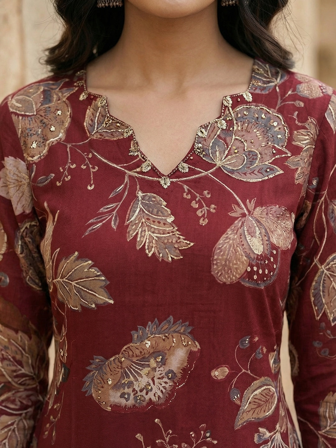 Maroon Viscose Ethnic Salwar Suit with Detailed Floral Print Dupatta Set - Image 2