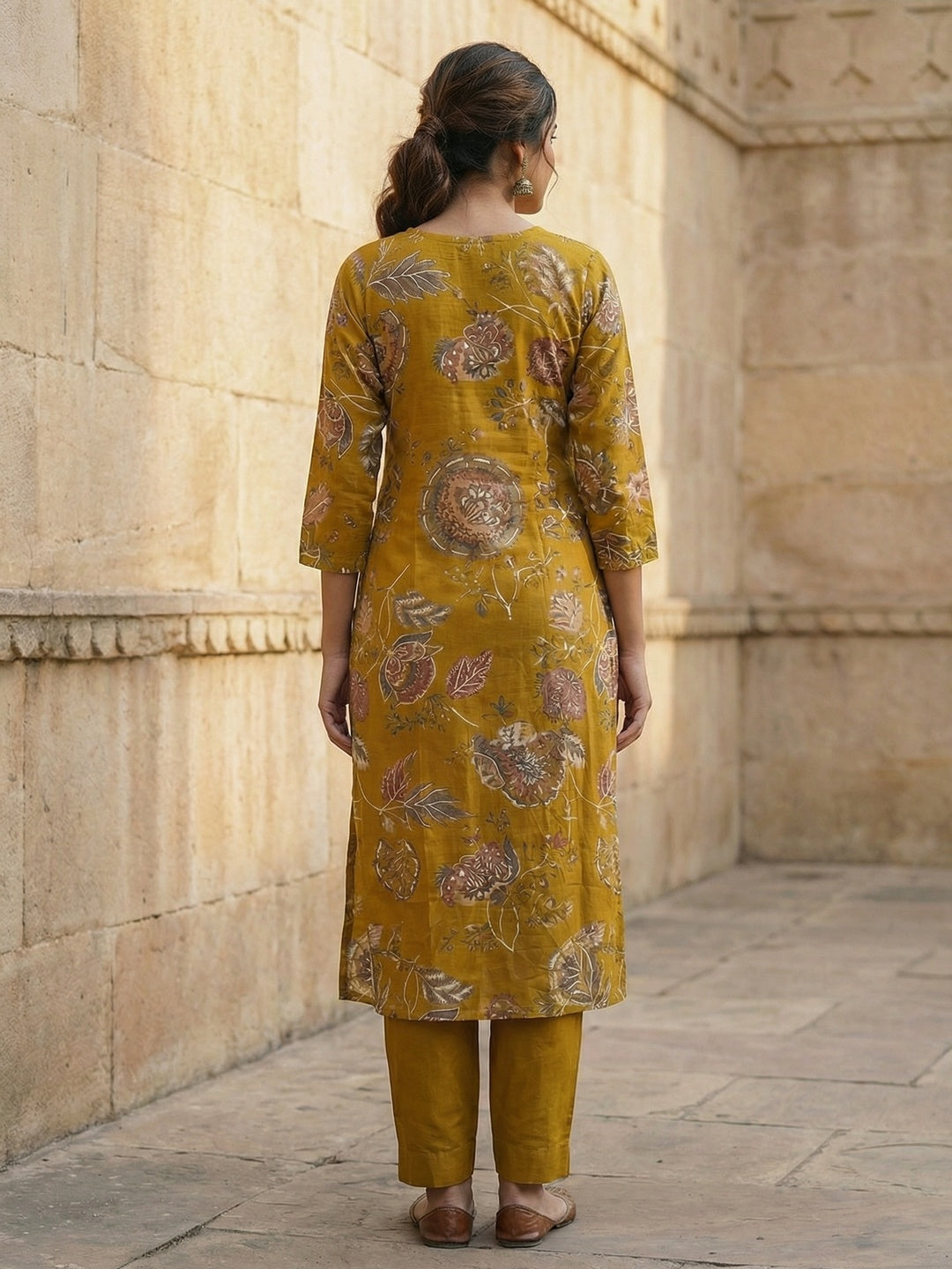 Yellow Viscose Ethnic Salwar Suit with Detailed Floral Print Dupatta Set - Image 3