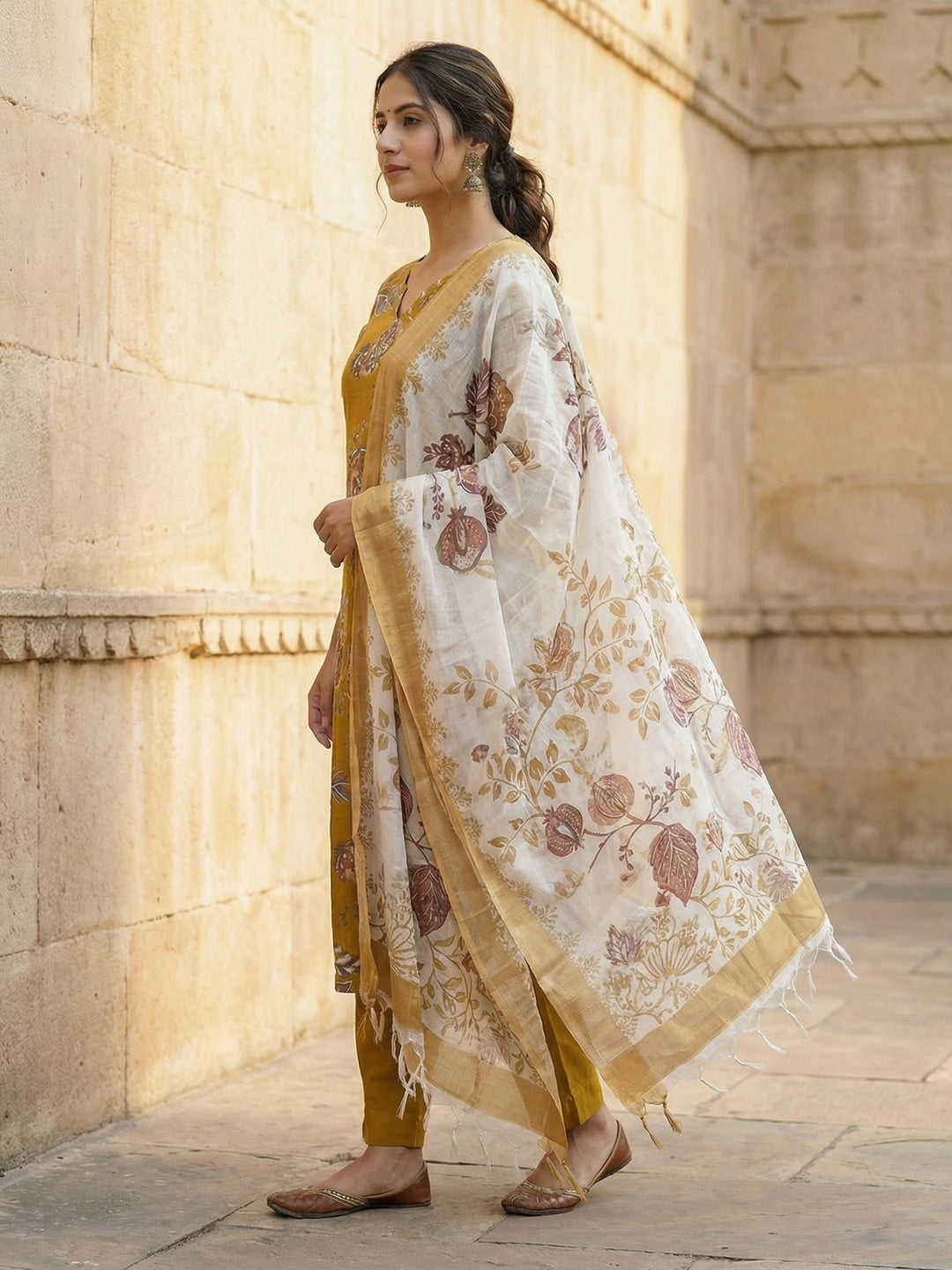 Yellow Viscose Ethnic Salwar Suit with Detailed Floral Print Dupatta Set - Image 2