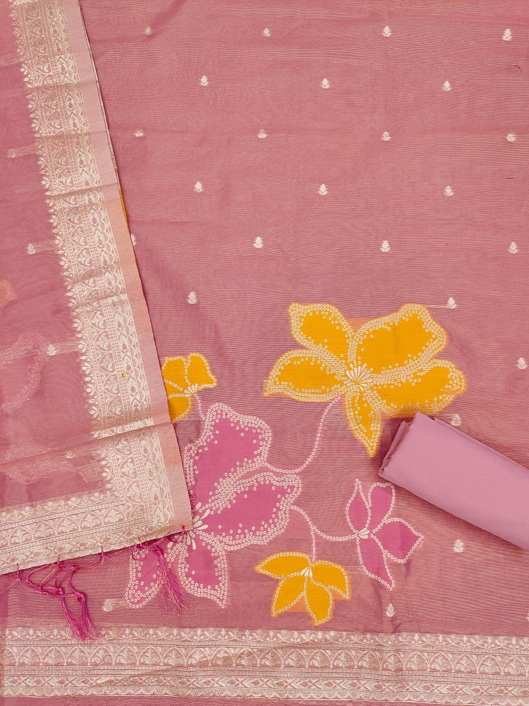 Classic Pink Floral Weaving Work Tissue Shimmer Jacquard Dress Material For Timeless Styling - Image 4