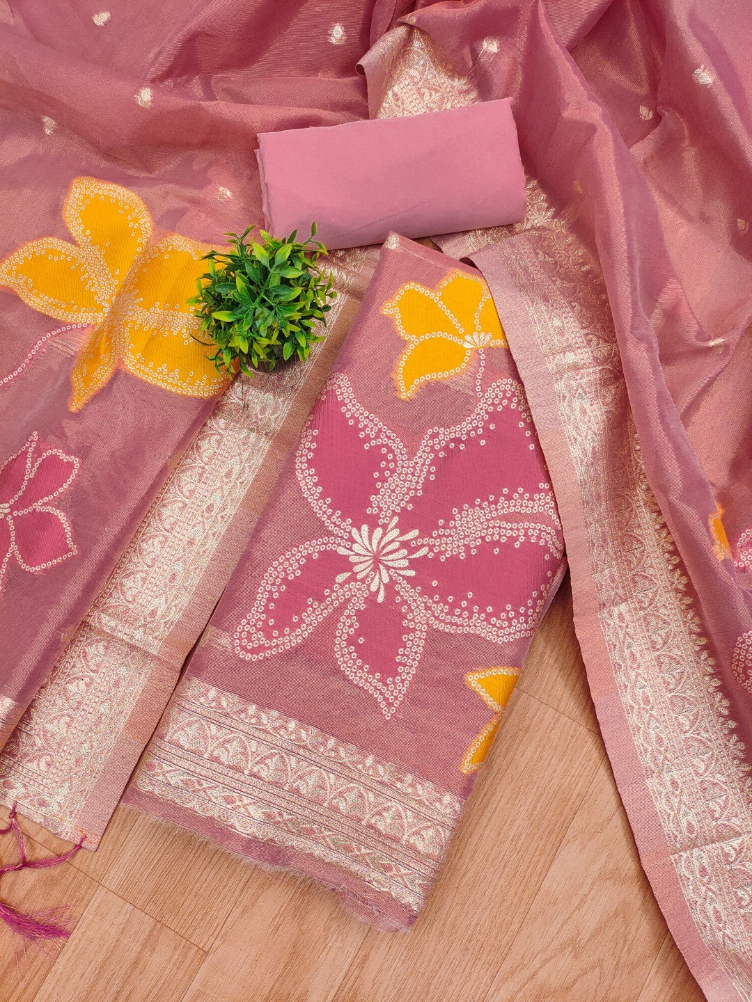 Classic Pink Floral Weaving Work Tissue Shimmer Jacquard Dress Material For Timeless Styling - Image 1