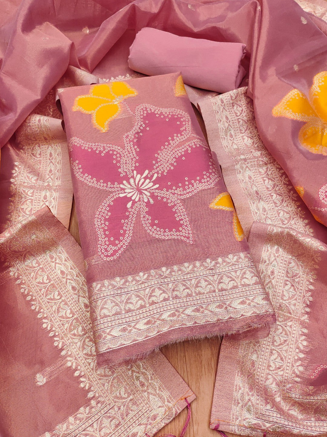 Classic Pink Floral Weaving Work Tissue Shimmer Jacquard Dress Material For Timeless Styling - Image 3