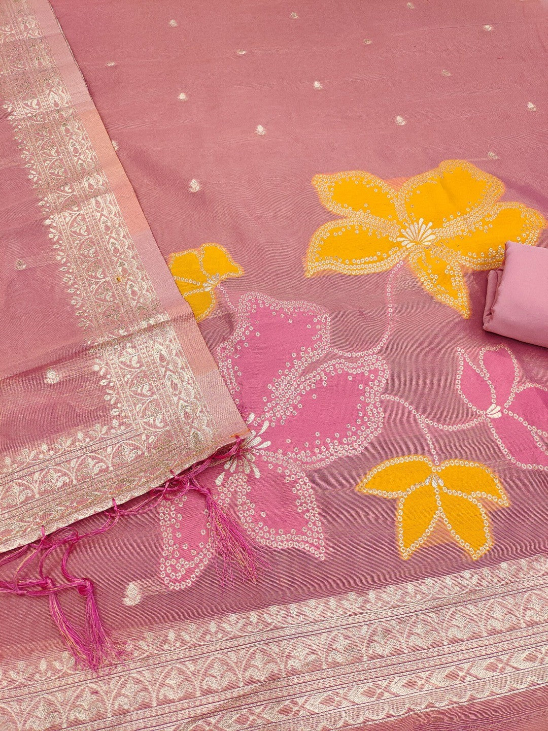 Classic Pink Floral Weaving Work Tissue Shimmer Jacquard Dress Material For Timeless Styling - Image 5