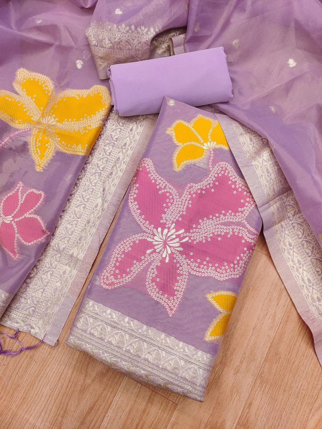 Classic Lavender Floral Weaving Work Tissue Shimmer Jacquard Dress Material For Timeless Styling - Image 2