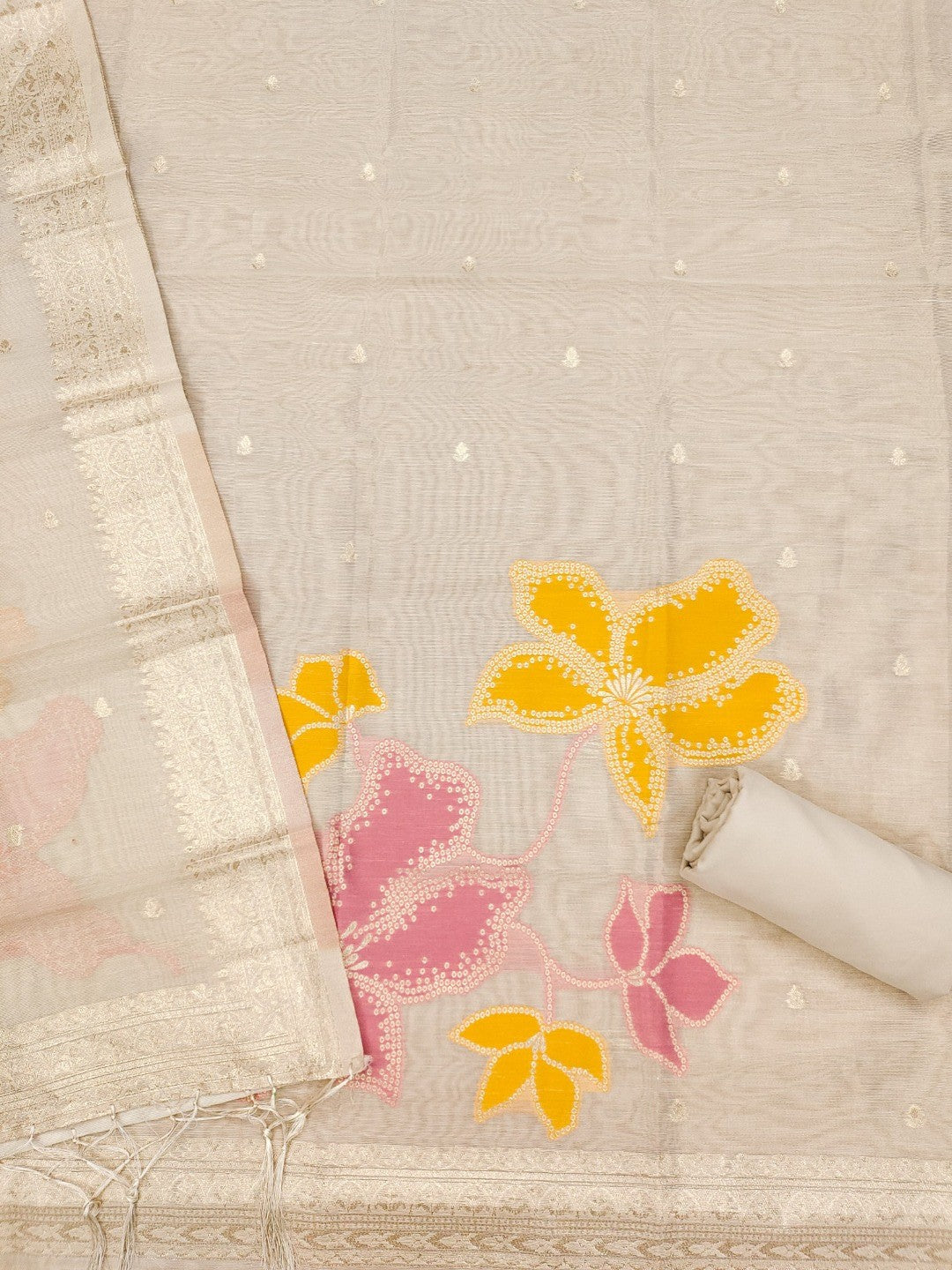 Classic Cream Floral Weaving Work Tissue Shimmer Jacquard Dress Material For Timeless Styling - Image 3