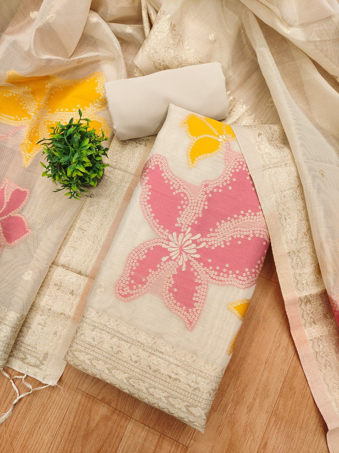 Classic Cream Floral Weaving Work Tissue Shimmer Jacquard Dress Material For Timeless Styling - Image 5