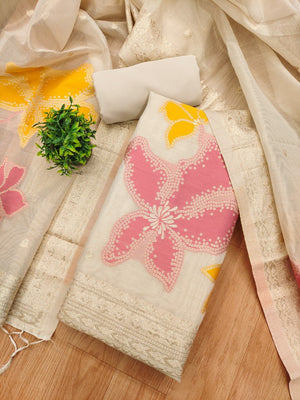 Classic Cream Floral Weaving Work Tissue Shimmer Jacquard Dress Material For Timeless Styling - Image 2