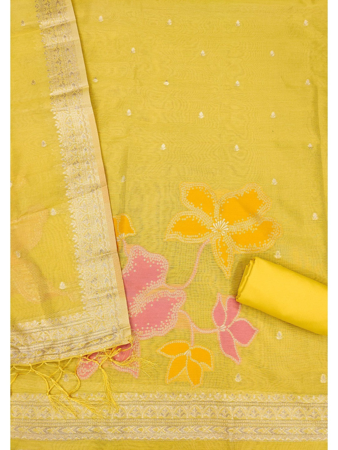Classic Yellow Floral Weaving Work Tissue Shimmer Jacquard Dress Material For Timeless Styling - Image 5
