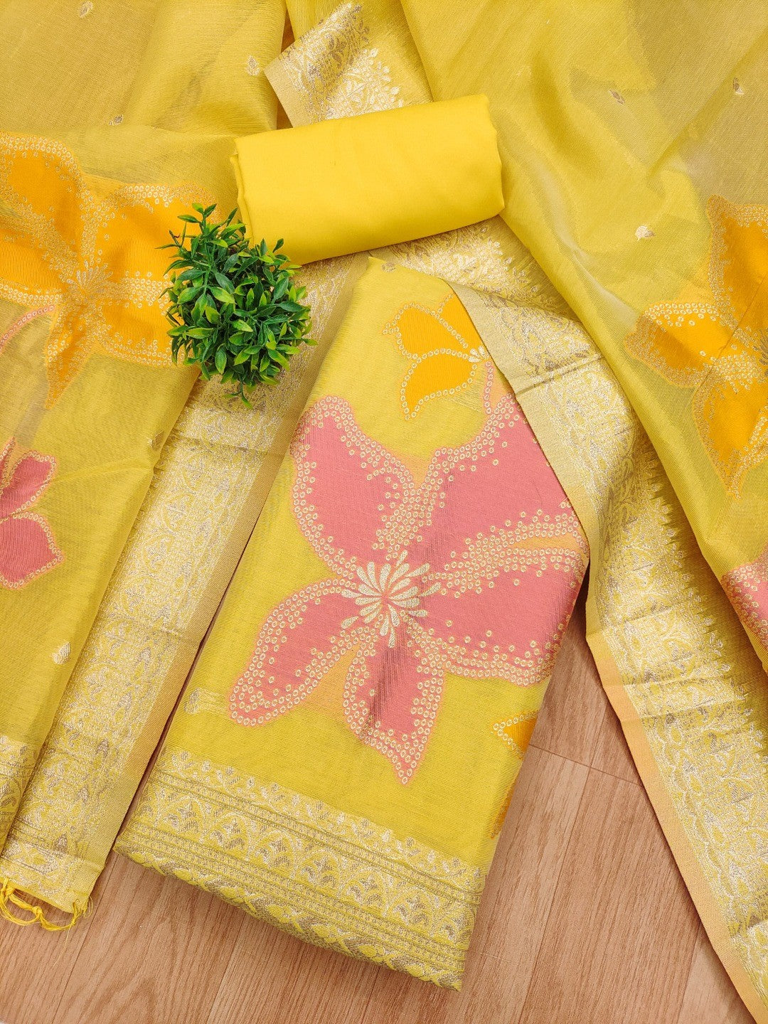Classic Yellow Floral Weaving Work Tissue Shimmer Jacquard Dress Material For Timeless Styling - Image 3