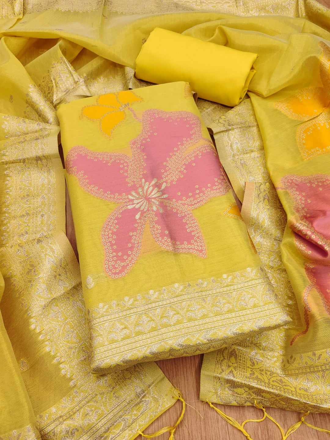 Classic Yellow Floral Weaving Work Tissue Shimmer Jacquard Dress Material For Timeless Styling - Image 1
