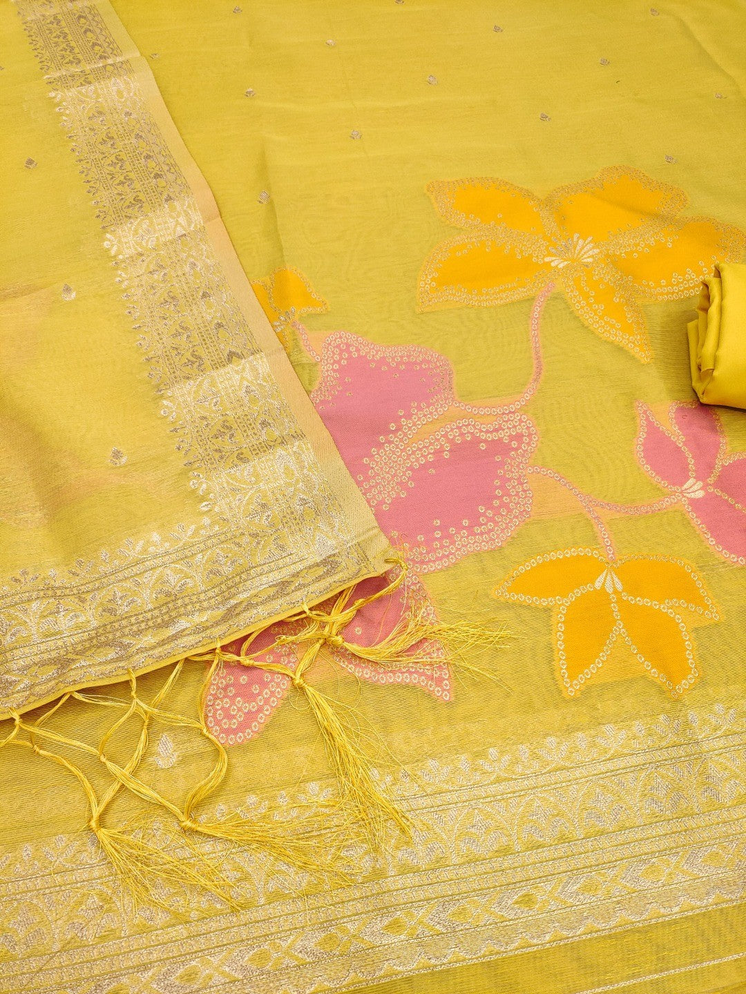 Classic Yellow Floral Weaving Work Tissue Shimmer Jacquard Dress Material For Timeless Styling - Image 4