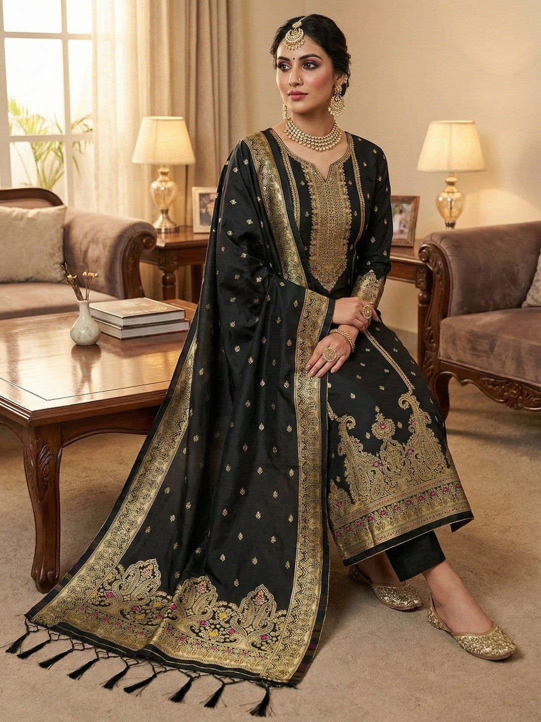 Premium Black Banarasi Silk Dress Material With Opulent Floral & Paisley Motif Zari Weaving - Image 1