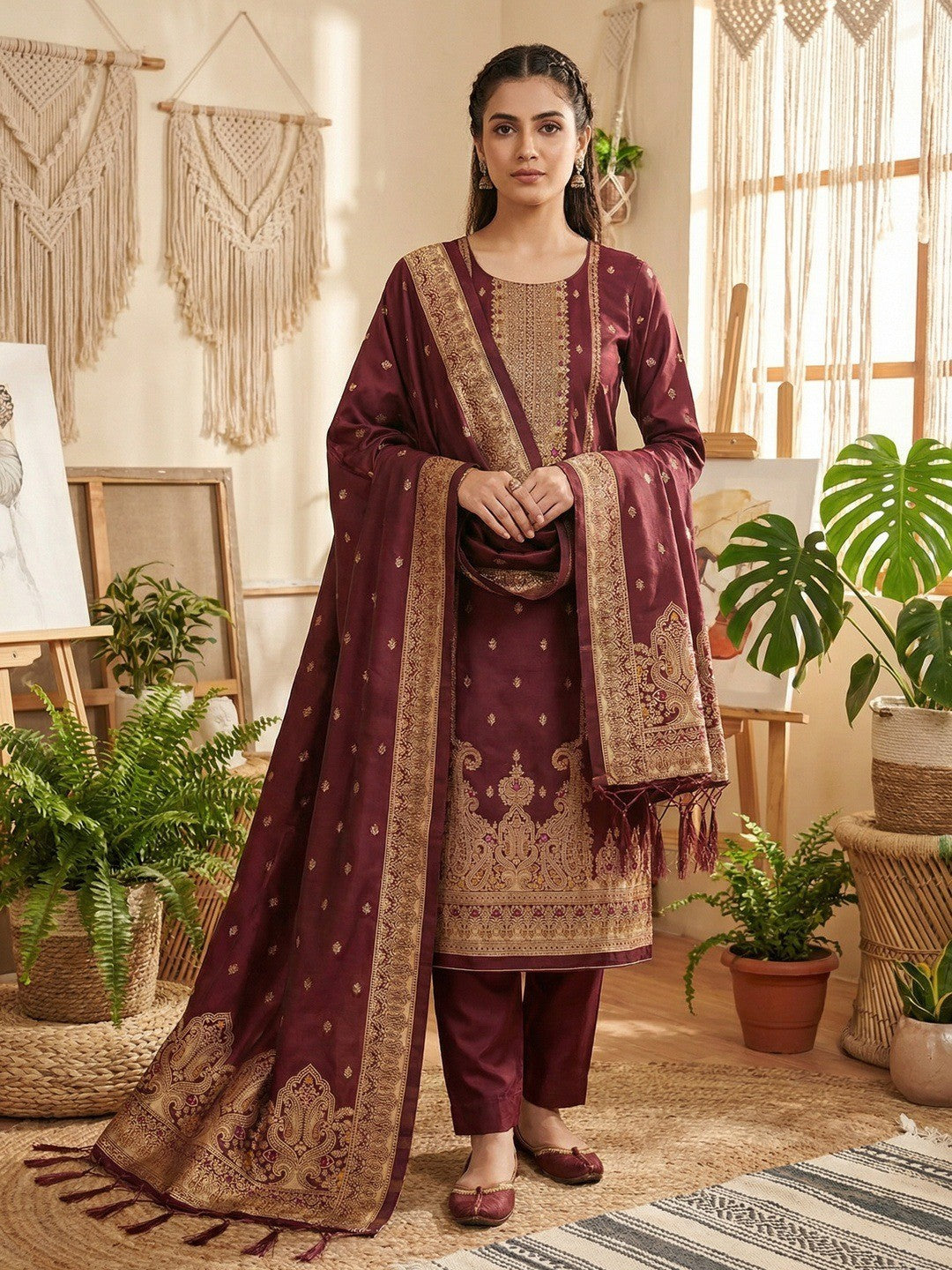 Premium Maroon Banarasi Silk Dress Material With Opulent Floral & Paisley Motif Zari Weaving - Image 2