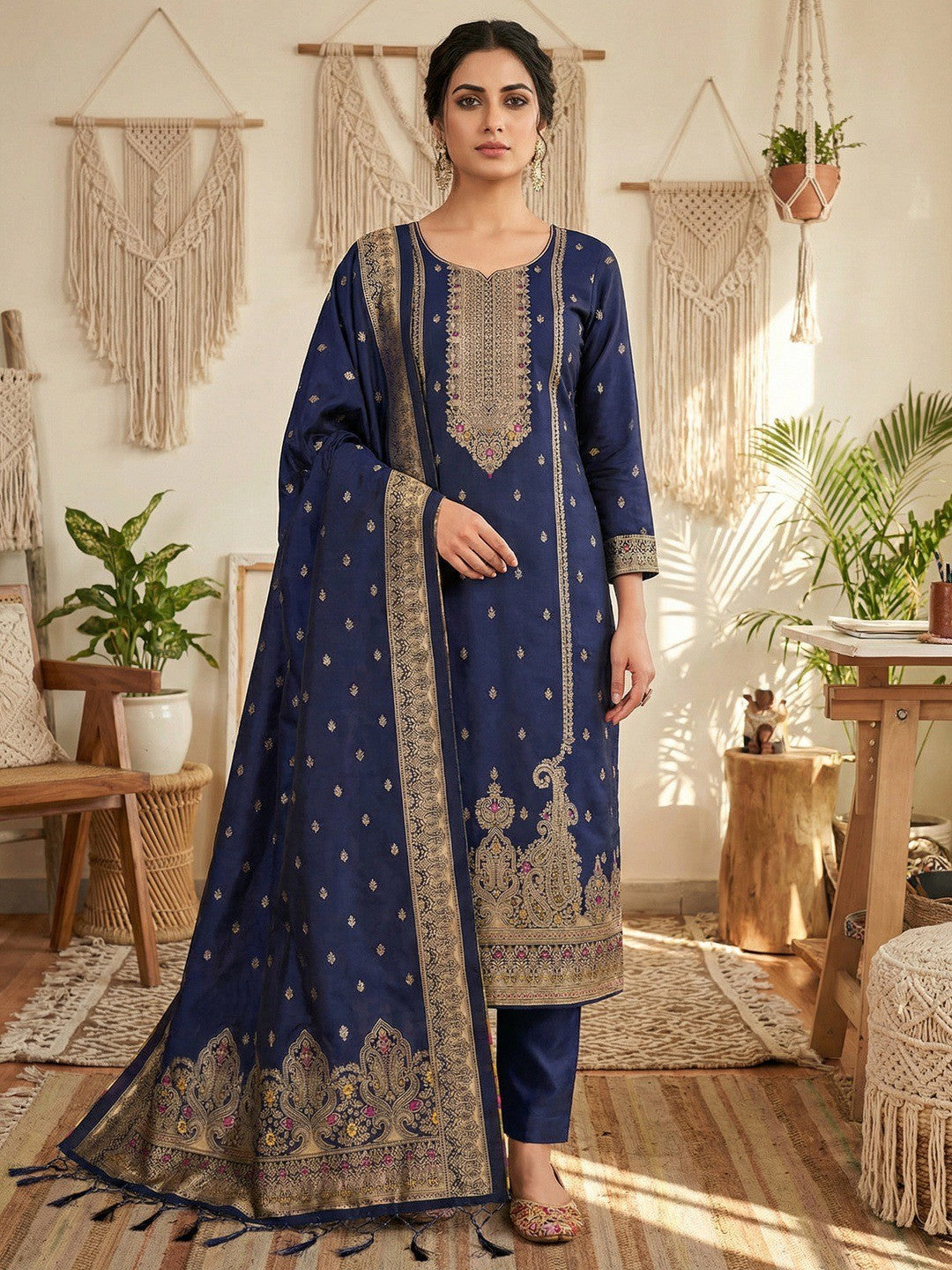Premium Navy Blue Banarasi Silk Dress Material With Opulent Floral & Paisley Motif Zari Weaving - Image 1