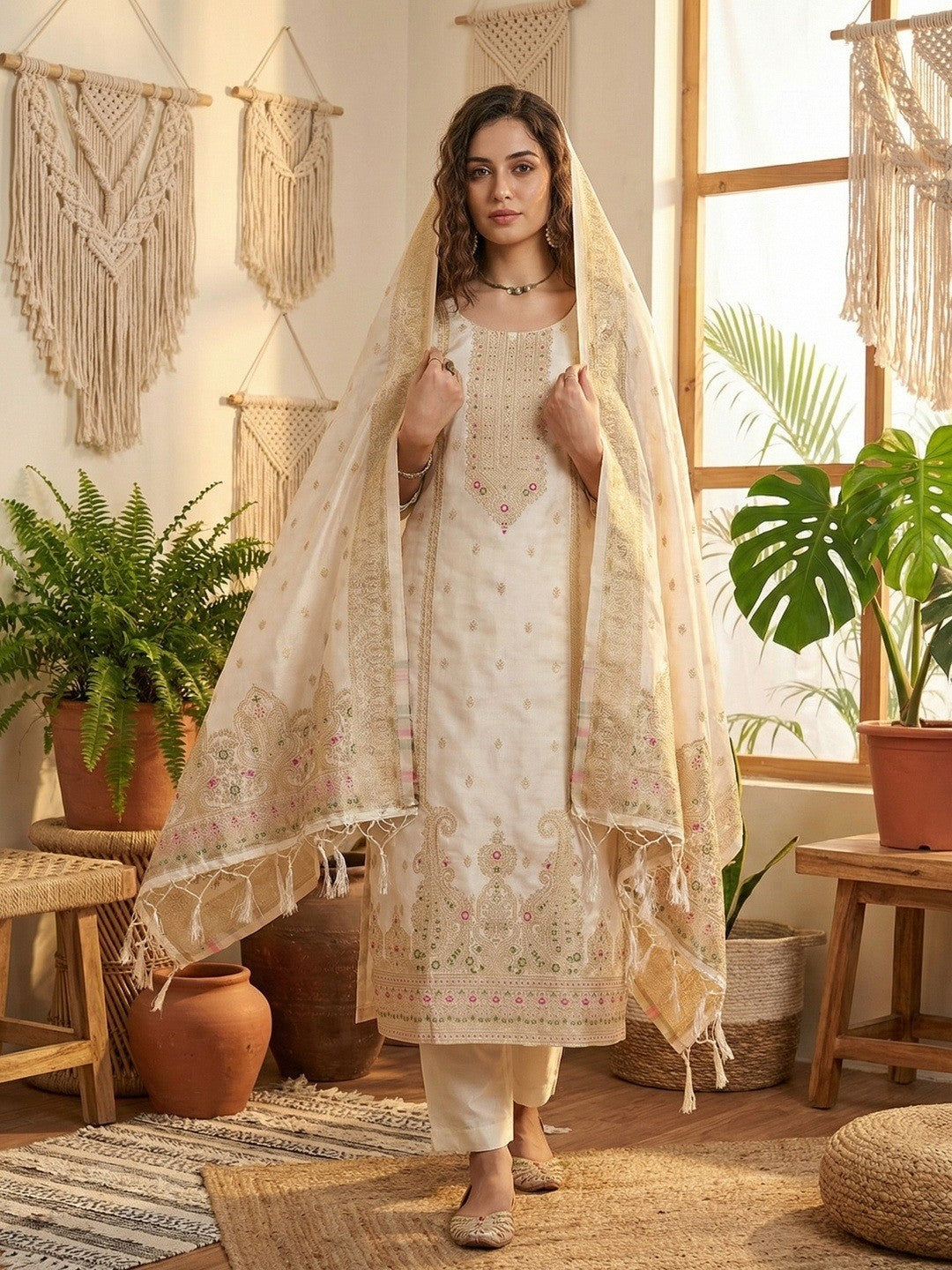 Premium Offwhite Banarasi Silk Dress Material With Opulent Floral & Paisley Motif Zari Weaving - Image 1
