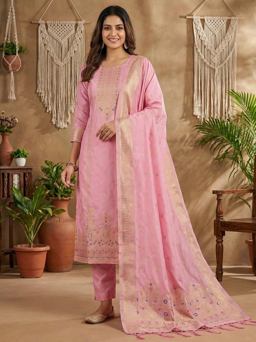 Premium Pink Banarasi Silk Dress Material With Opulent Floral & Paisley Motif Zari Weaving - Image 1