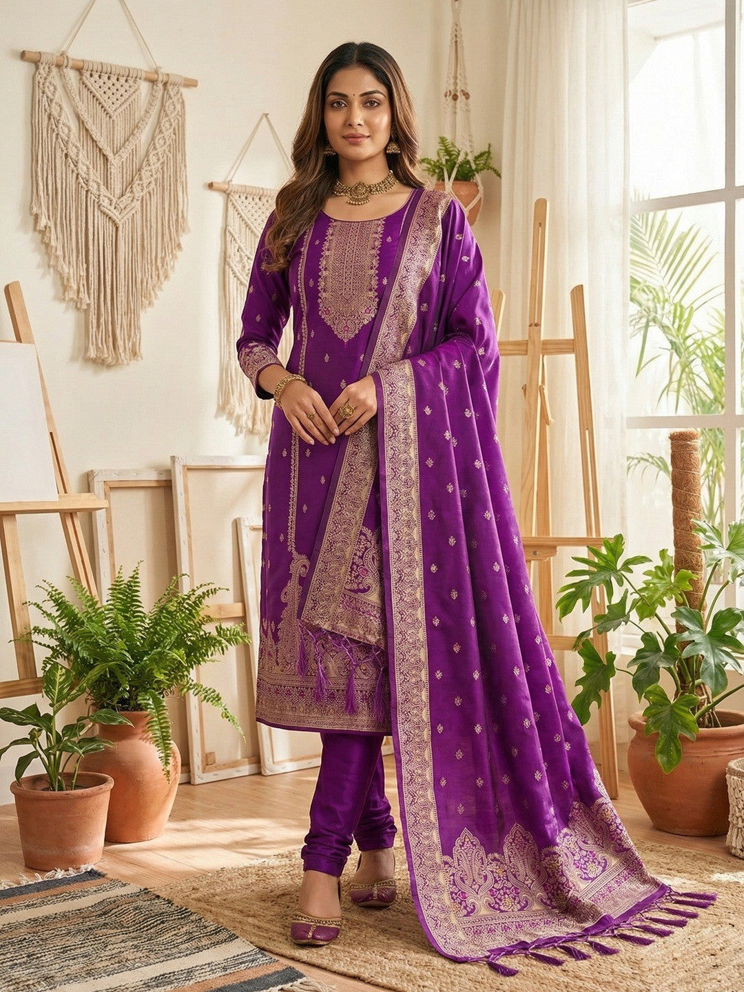 Premium Purple Banarasi Silk Dress Material With Opulent Floral & Paisley Motif Zari Weaving - Image 1