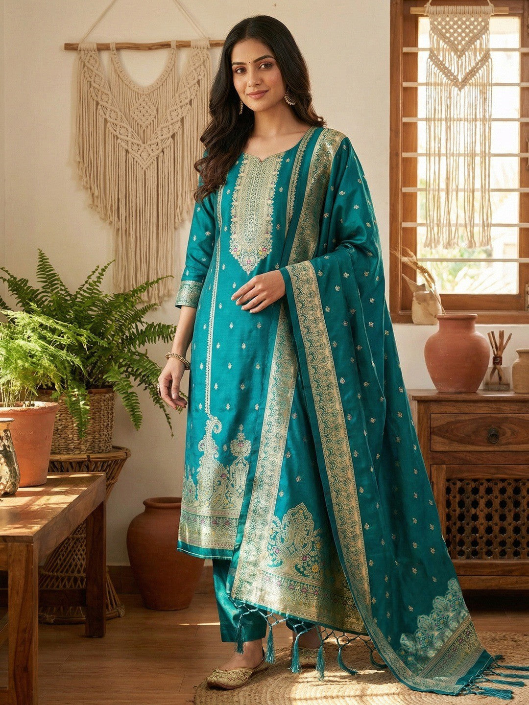 Premium Rama Blue Banarasi Silk Dress Material With Opulent Floral & Paisley Motif Zari Weaving - Image 1
