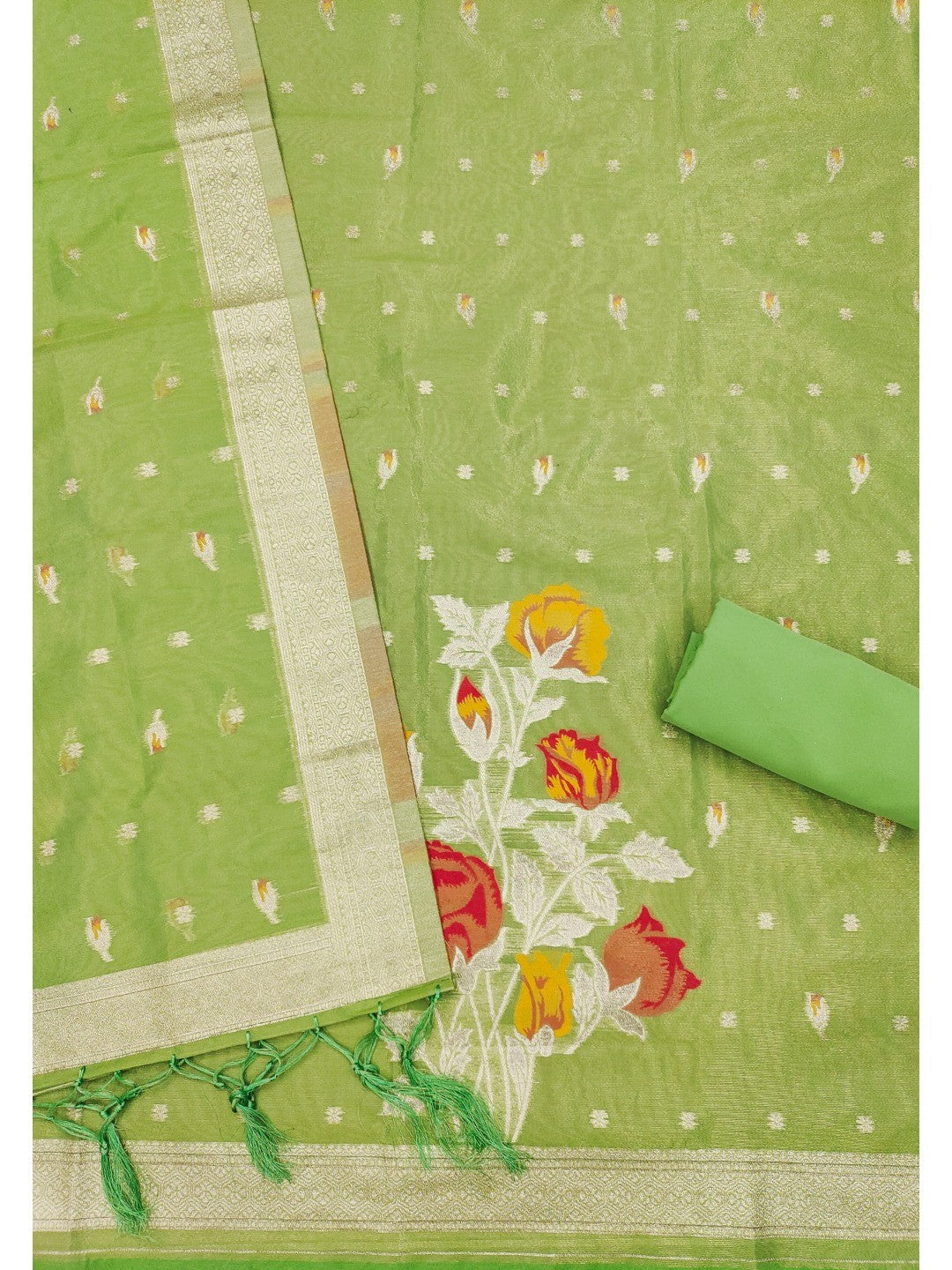 Sophisticated Green Floral Weaving Tissue Shimmer Jacquard Dress Material - Image 3