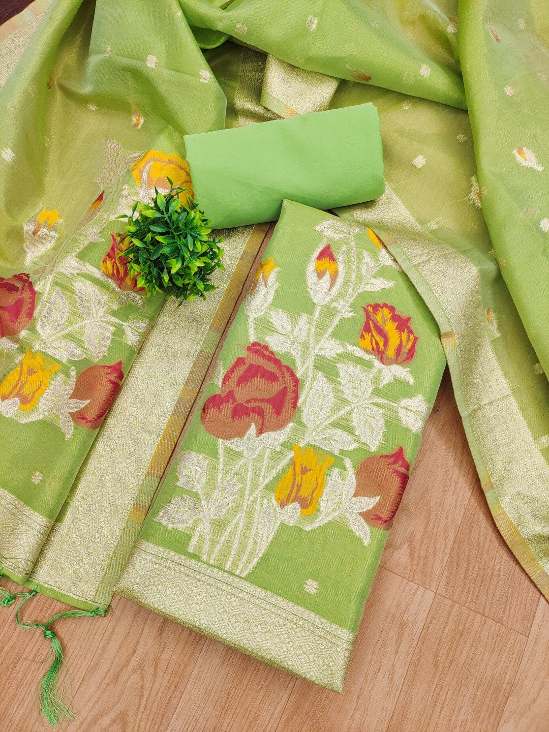 Sophisticated Green Floral Weaving Tissue Shimmer Jacquard Dress Material - Image 2