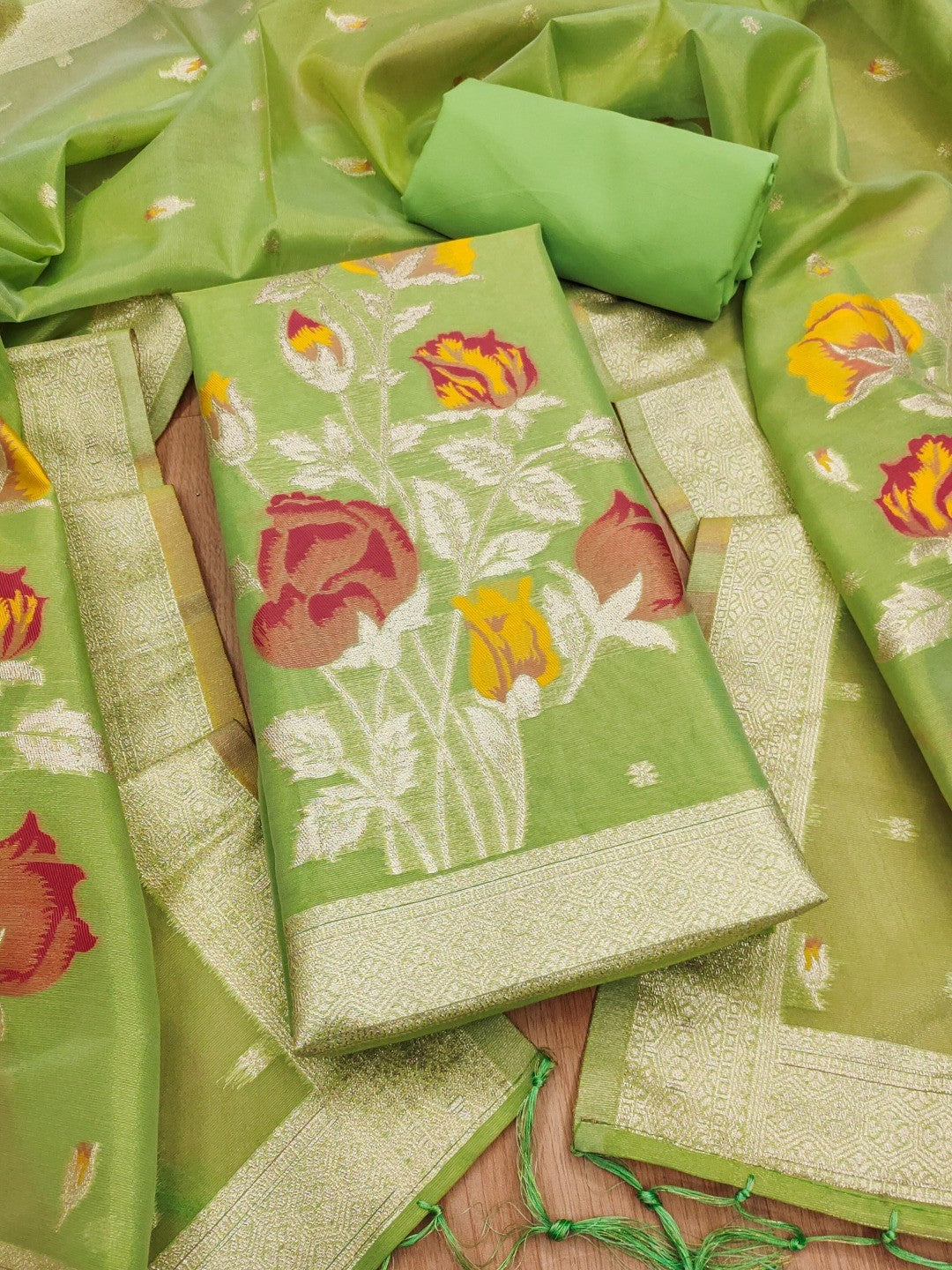 Sophisticated Green Floral Weaving Tissue Shimmer Jacquard Dress Material - Image 3