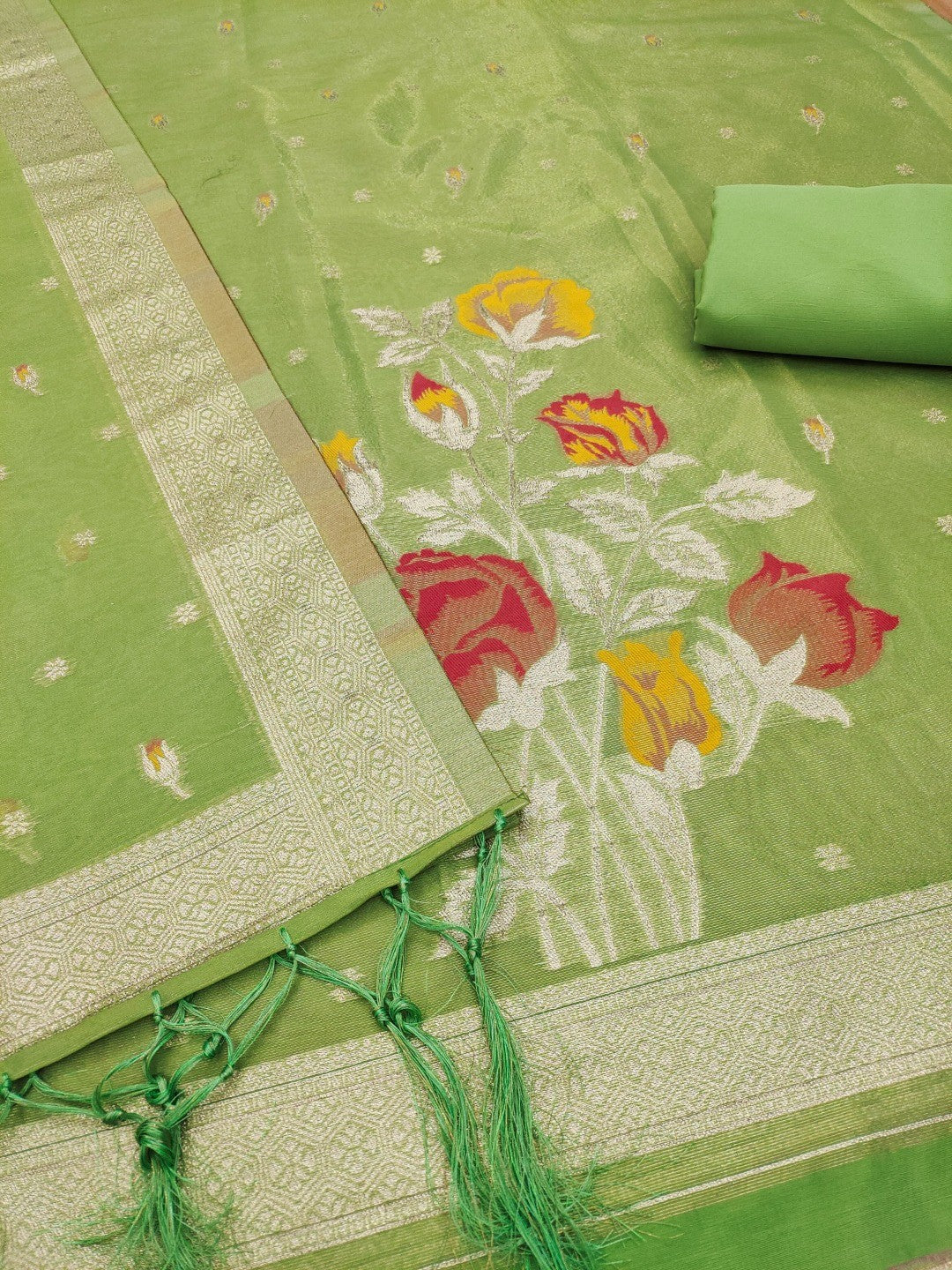 Sophisticated Green Floral Weaving Tissue Shimmer Jacquard Dress Material - Image 5