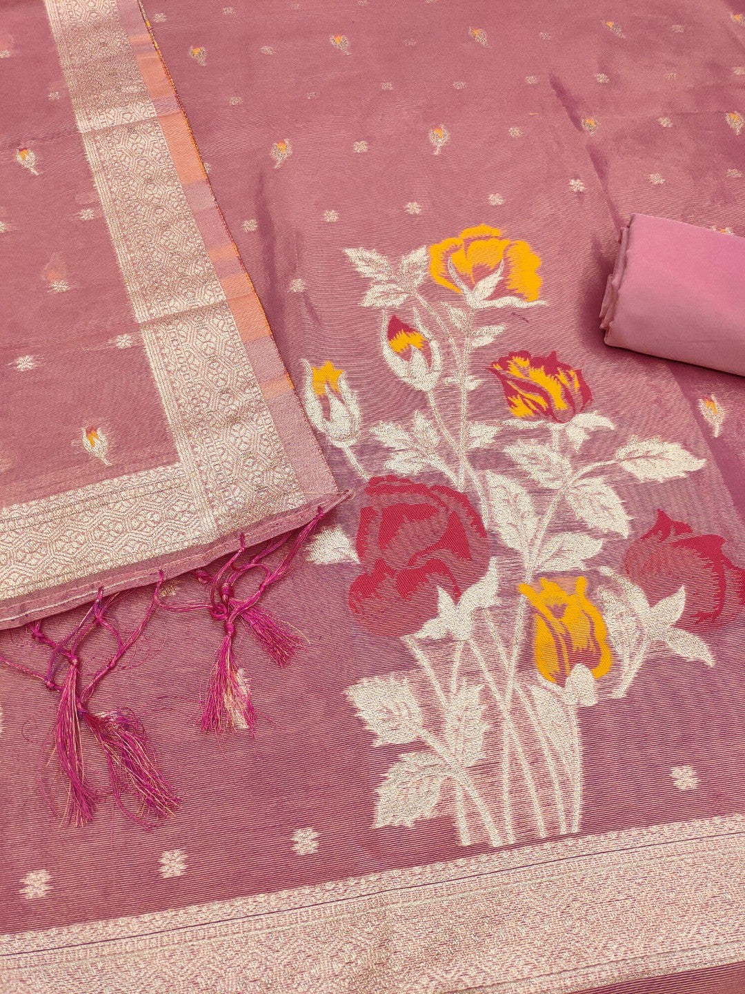 Sophisticated Pink Floral Weaving Tissue Shimmer Jacquard Dress Material - Image 4