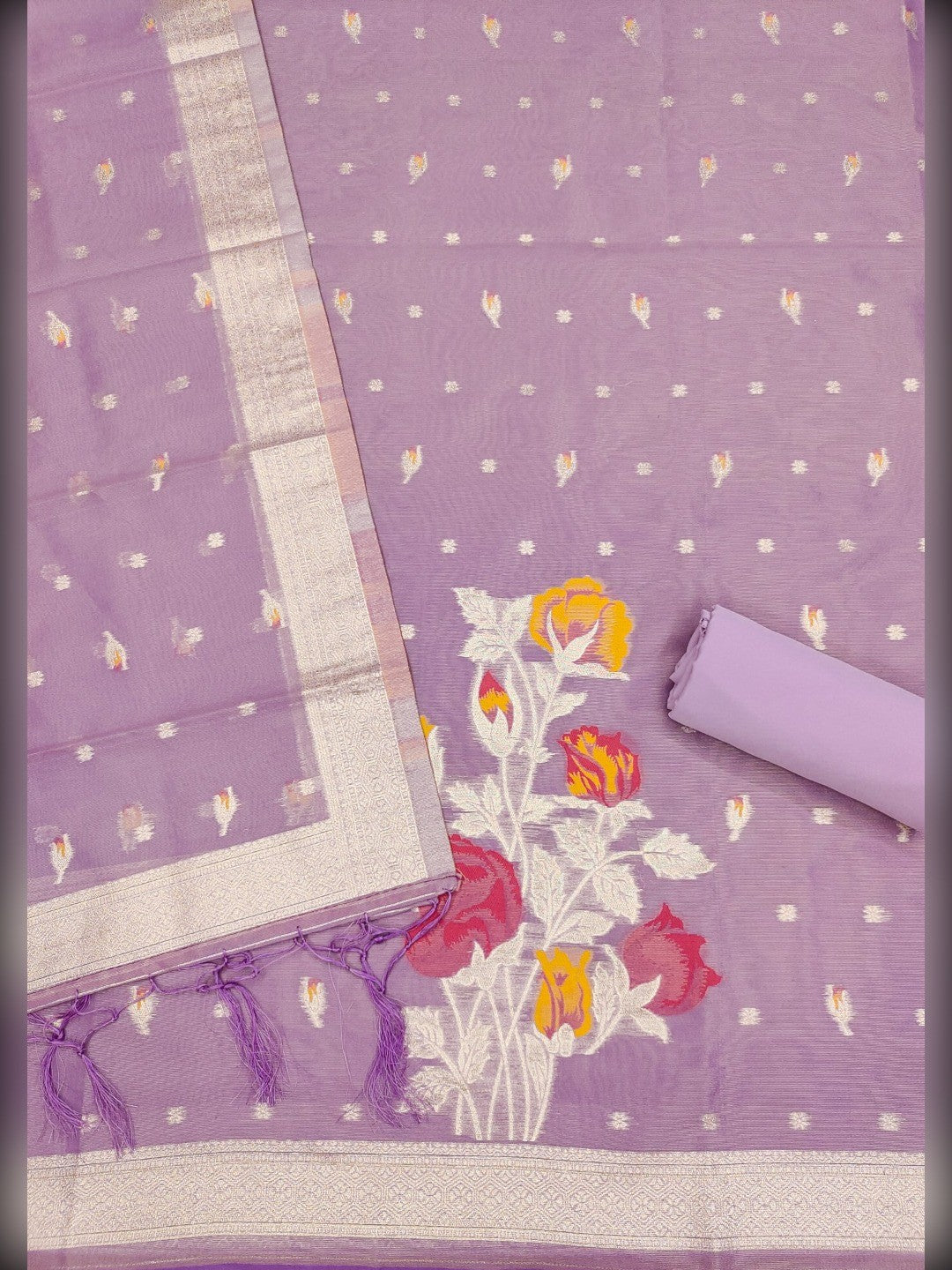 Sophisticated Lavender Floral Weaving Tissue Shimmer Jacquard Dress Material - Image 2
