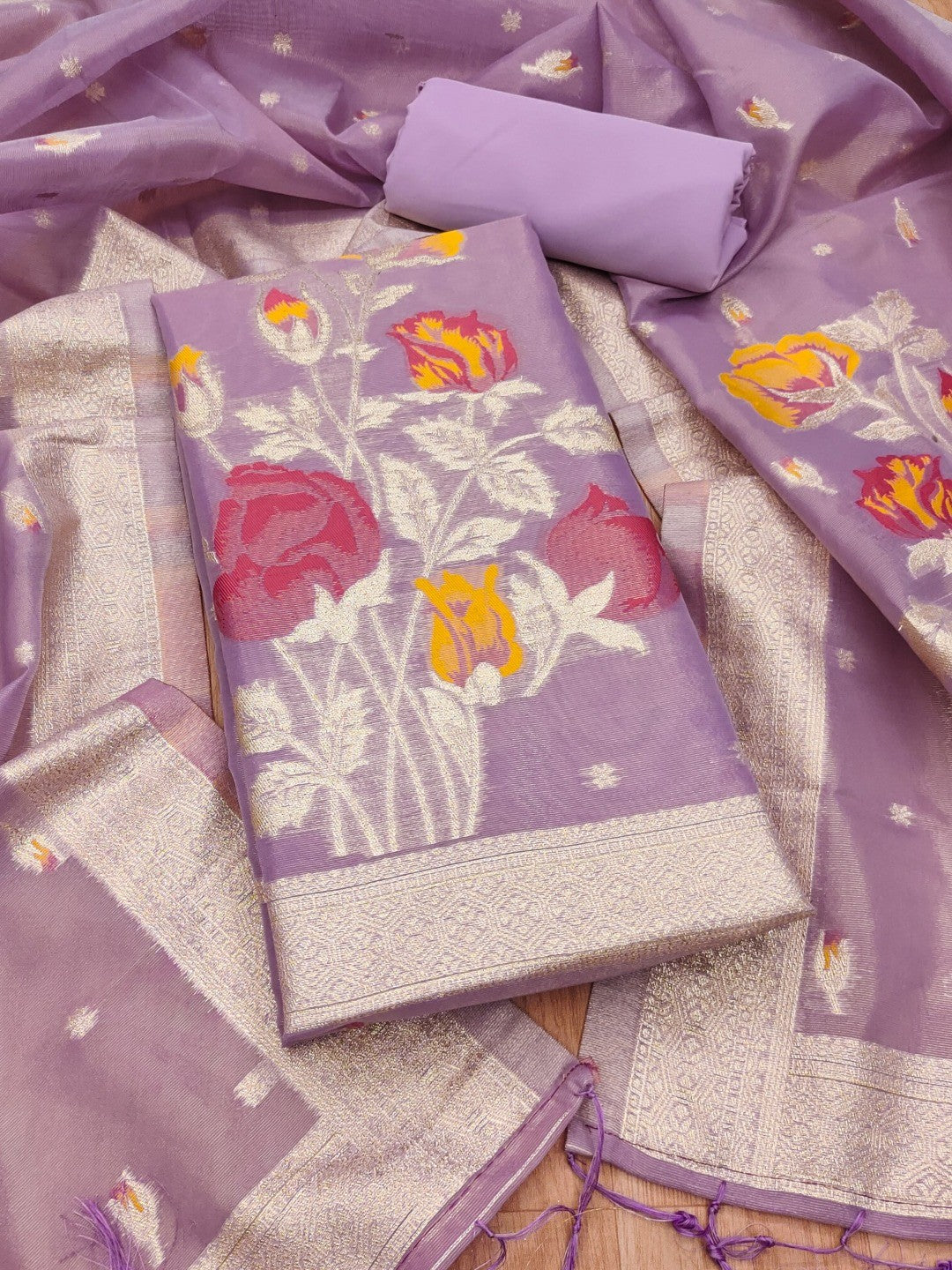 Sophisticated Lavender Floral Weaving Tissue Shimmer Jacquard Dress Material - Image 5