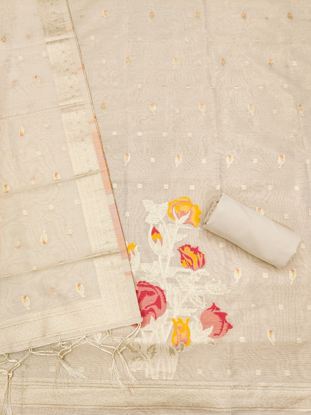 Sophisticated Cream Floral Weaving Tissue Shimmer Jacquard Dress Material - Image 3