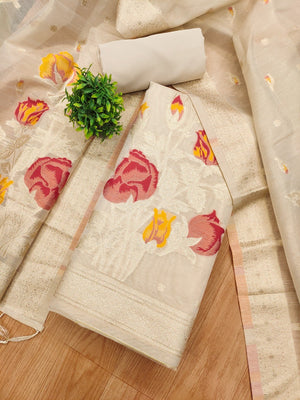 Sophisticated Cream Floral Weaving Tissue Shimmer Jacquard Dress Material - Image 2