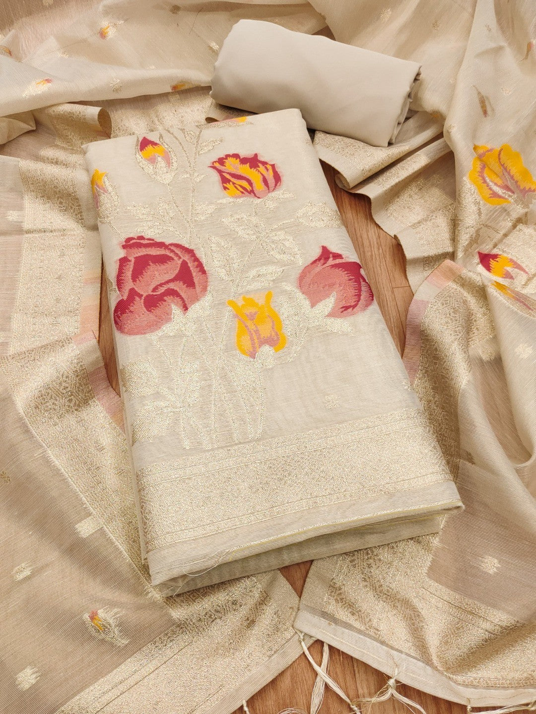 Sophisticated Cream Floral Weaving Tissue Shimmer Jacquard Dress Material - Image 5